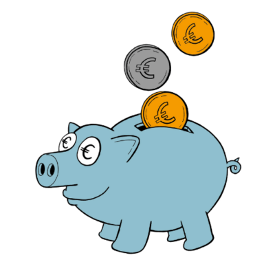 gezeichnetes blaues Sparschwein, in das drei Eurostücke reinfliegen.